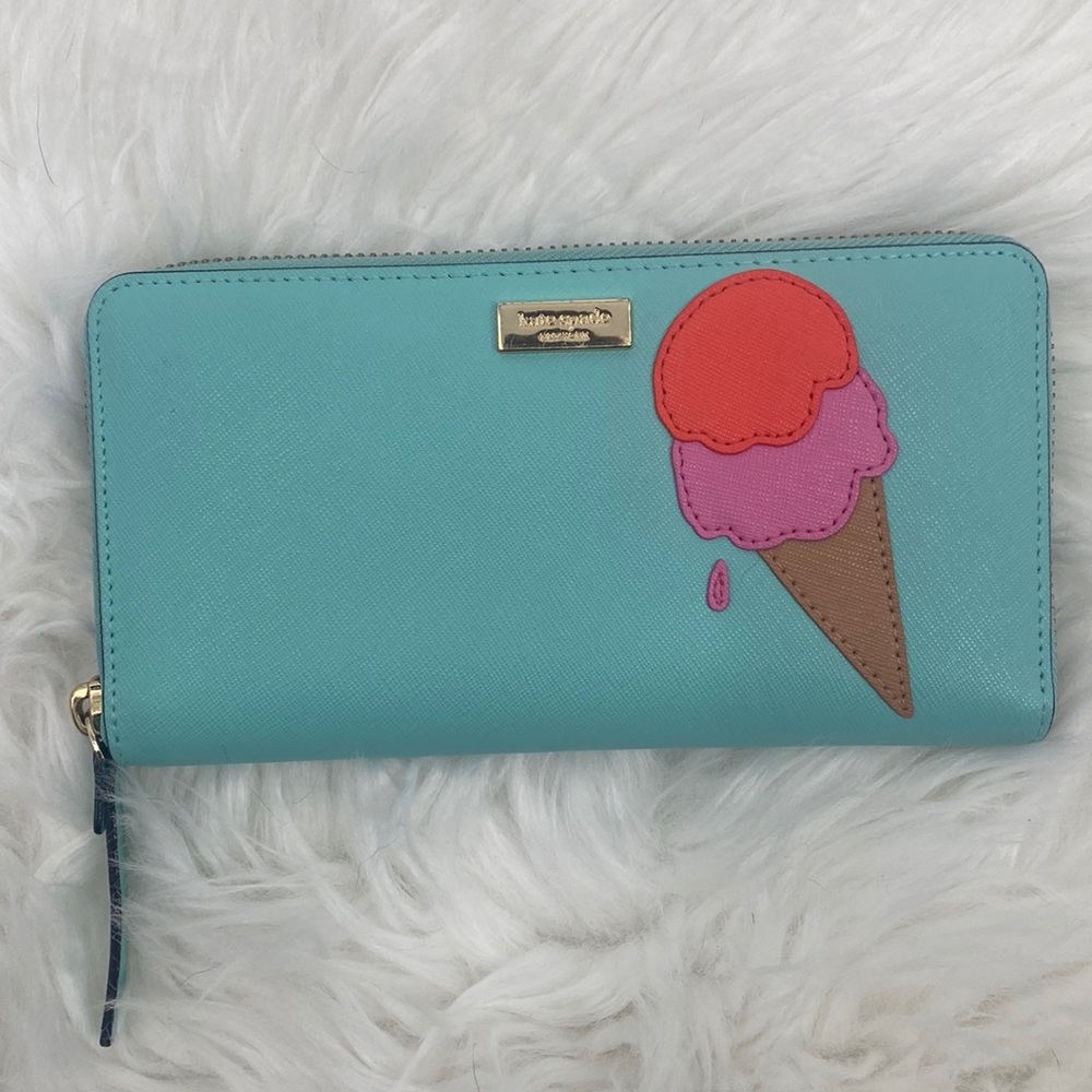 kate spade turquoise leather zip wallet with red and pink ice cream applique